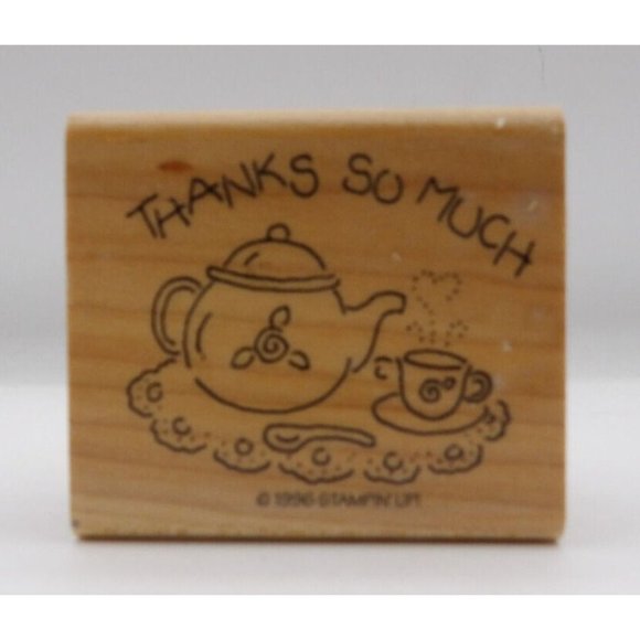 Stamp Wooden Thanks so Much Tea Pot & Cup Stampin' Up! ©1996 2 1/4" x 2" - Picture 1 of 4